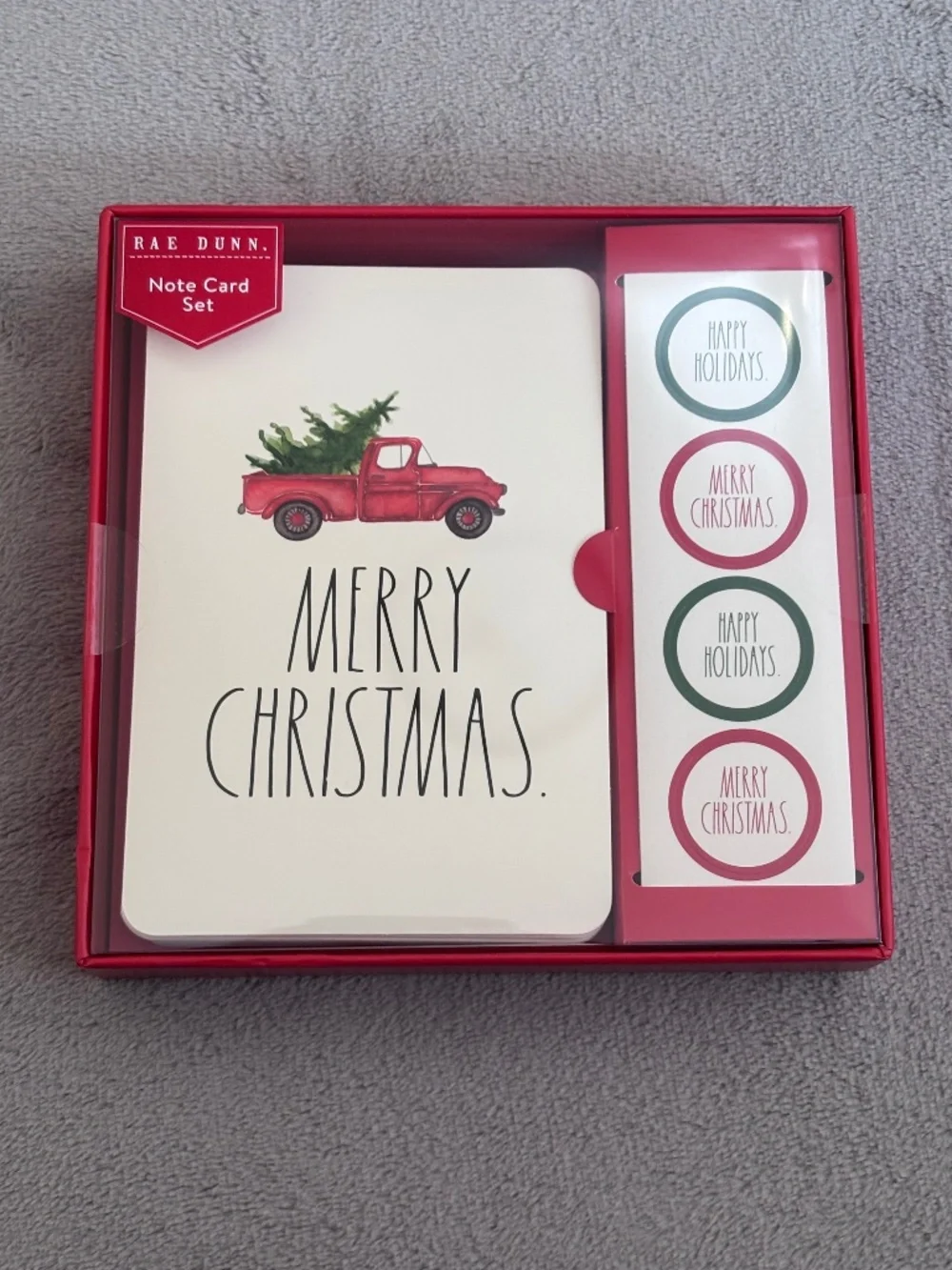(2 LOT) Rae Dunn Merry Christmas 12 Note Card Set Red Truck & Tree w/Stickers